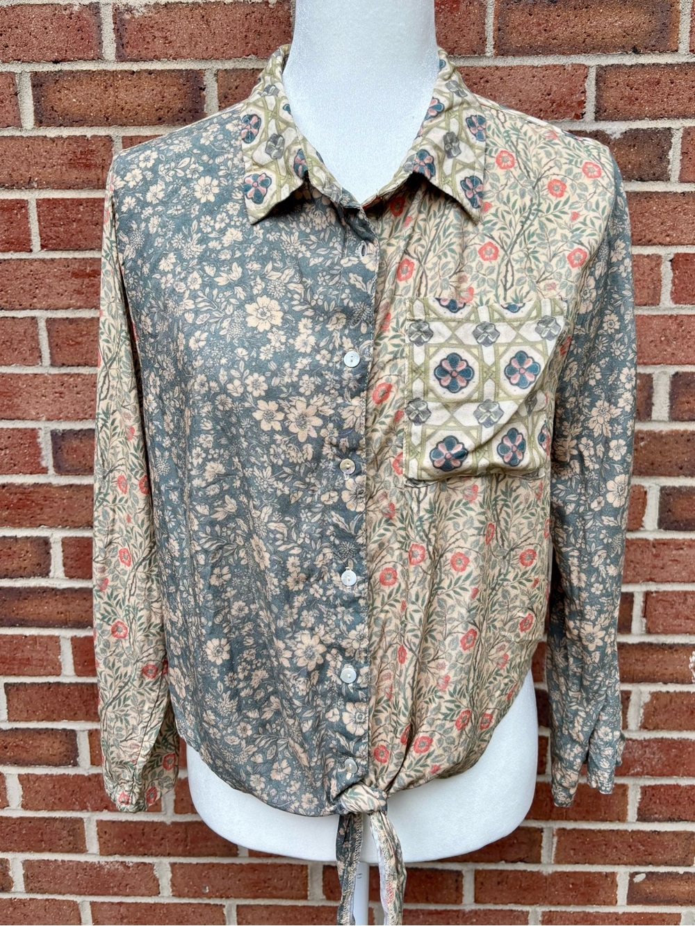 Natural Life Mixed Print Tie Front Button Up Blouse Size M Boho Floral Patchwork - Picture 2 of 9
